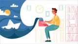illustration of a person sat at a desk using a typewriter