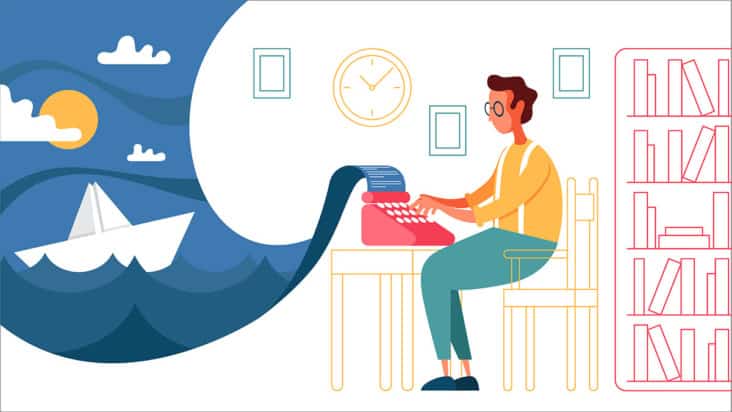 illustration of a person sat at a desk using a typewriter