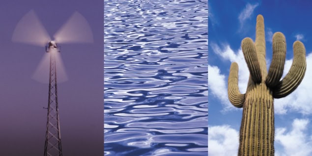 Three photos: wind turbine, ocean waves, cactus