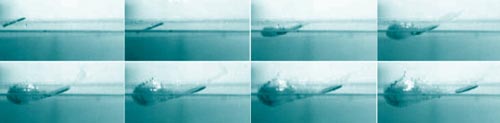 Eight stills from a video of a stone hitting water