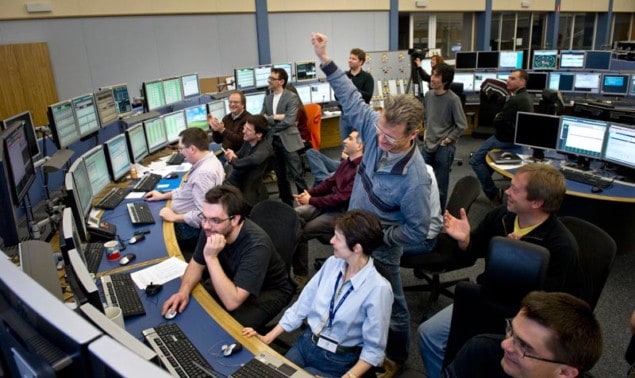 LHC workers celebrate two beams circulating at 3.5 TeV, last Friday