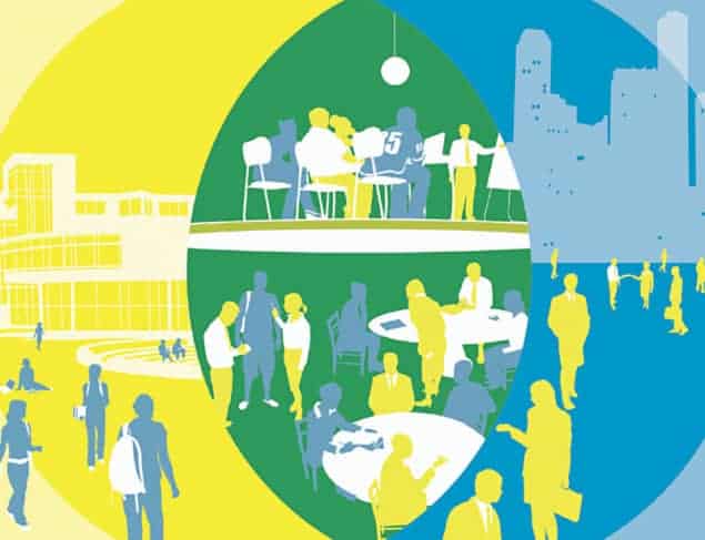 Illustration of people moving from education into employment