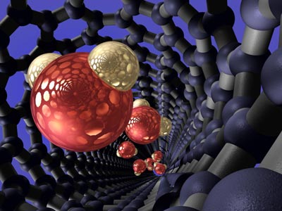 Artist's impression of water filtration and transport through a carbon nanotube