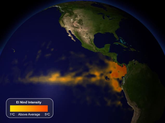 A satellite thermal image of the Pacific Ocean during an El Niño event