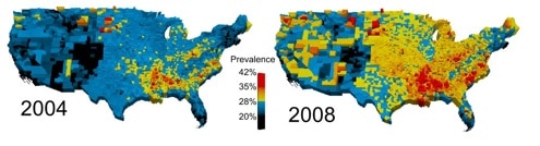 Map of obesity rates in the US in 2004 and 2008