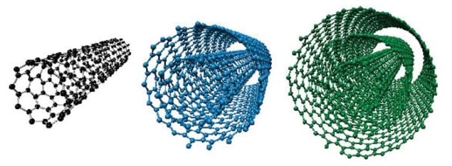 Ball and stick illustrations of carbon nanotubes