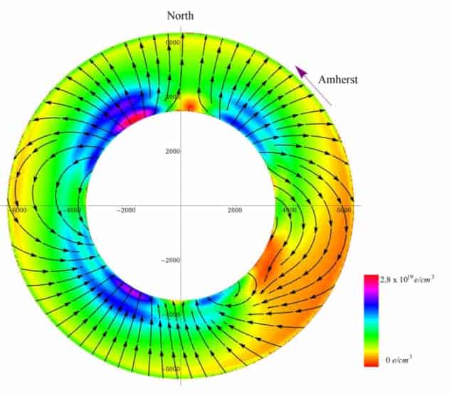 Computer simulation of the polarized electron-spin density on a plane that contains the Earth's rotation axis and Amherst, Massachusetts