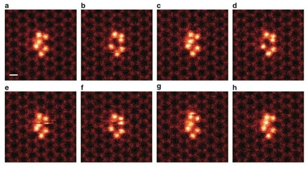Time sequence of STEM images showing the motion of a silicon cluster on graphene Time sequence of STEM images showing the motion of a silicon cluster on graphene