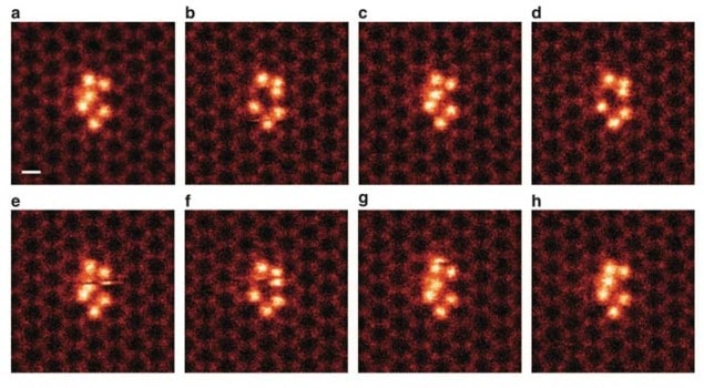 Time sequence of STEM images showing the motion of a silicon cluster on graphene