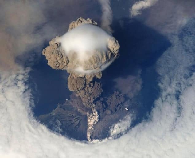 Aerial image of the Sarychev volcano erupting