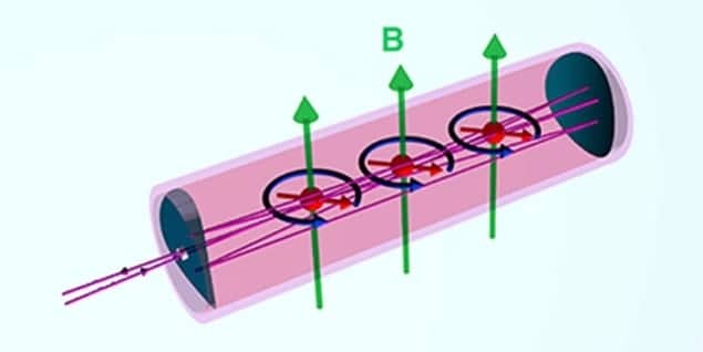 Illustration showing the magnetic spins precessing with respect to the magnetic fields