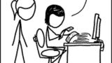 Comic of two stick people in an office with a joke about Swiss patent clerks