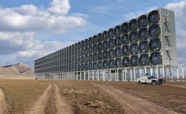 Large array of fans that draw air into a carbon-capture system
