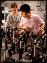 Photo of physicists working on the teleportation experiment at the Quantum Optics Lab at the Niels Bohr Institute