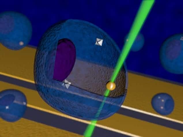 Artist's representation of nanoscale temperature control inside a living cell using diamond nanocrystals