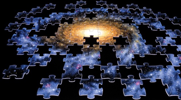 Illustration of a jigsaw of a galaxy, with several pieces missing and darkness beyond