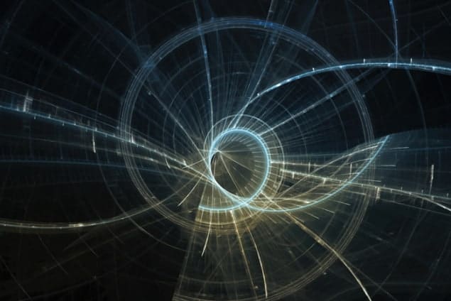 Graphical artwork of blue and yellow spiralling lines on a black background Graphical artwork of blue and yellow spiralling lines on a black background