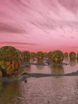 An artist's impression of life on another planet, showing strange-looking orbs covered in seaweed