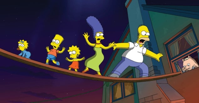 Cartoon showing Maggie, Bart, Lisa, Marge and Homer Simpson balancing on a board