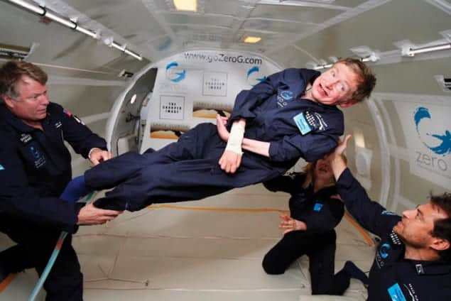 Photo of Stephen Hawking experiencing weightlessness on a modified Boeing 727