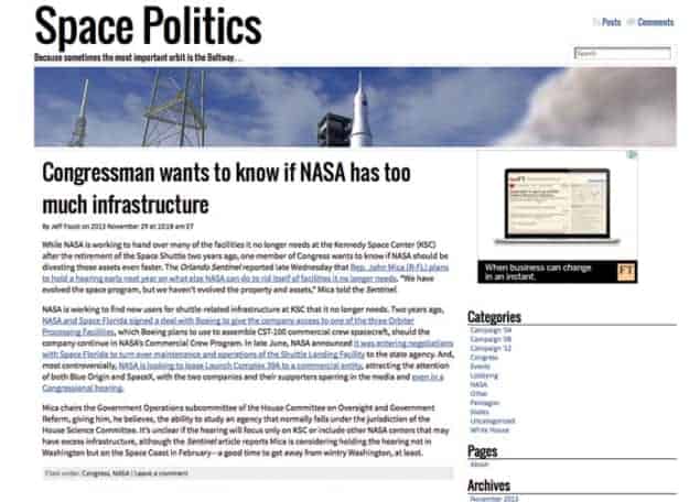 Homepage of Space Politics blog