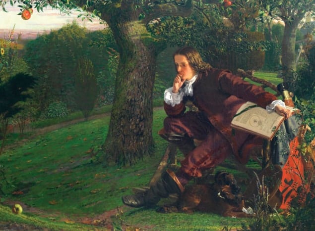 Painting of a young Isaac Newton sitting under an apple tree with a geometry textbook in his hands