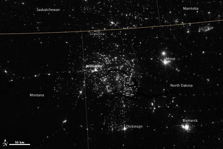 Satellite image showing dots of light from flared natural gas in North Dakota