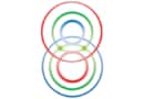 Conceptual image of simplified model atoms, with red, green and blue interlocking circles
