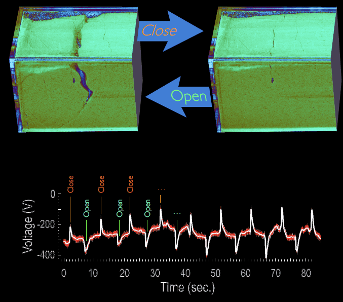 Laboratory image of voltages developing due to racks in powder