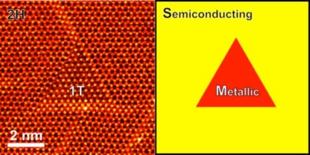 Micrograph and diagram showing a tiny triangle of metallic molybdenite