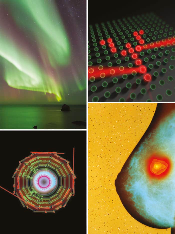 Photos of four key applications of Tsallis entropy: to the solar wind, cold atoms, cancer imaging and particle collisions