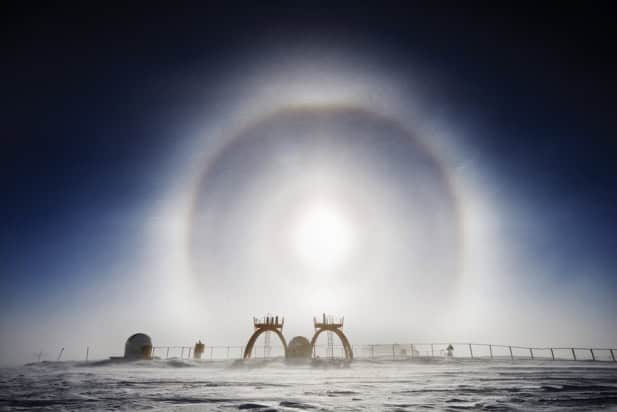 The sun over the astrophysics research facilities at Concordia Research Station