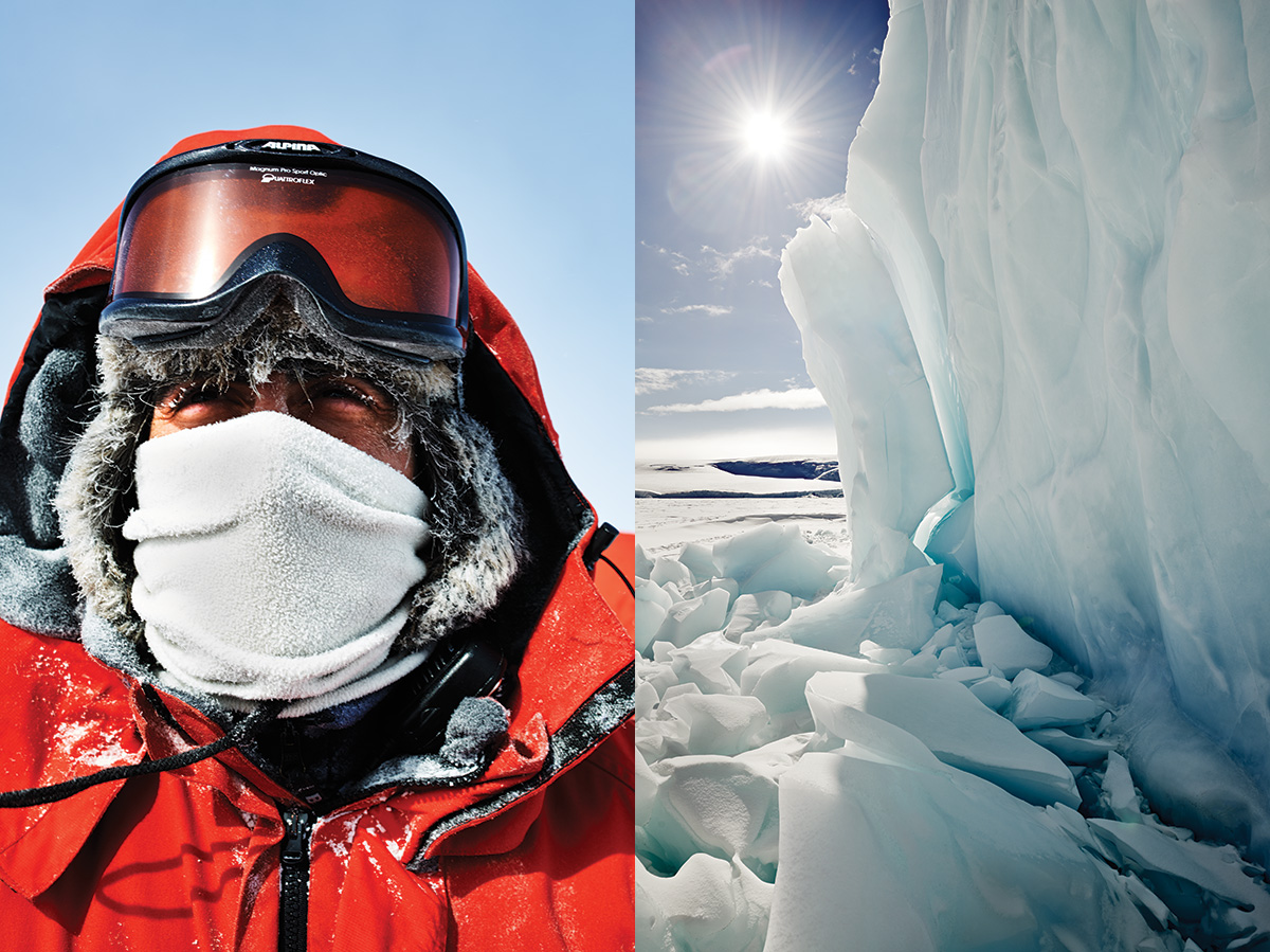 Two photos: a man in bulky cold-weather clothing including goggles and cloth over his mouth; a glacier with sky and sun behind