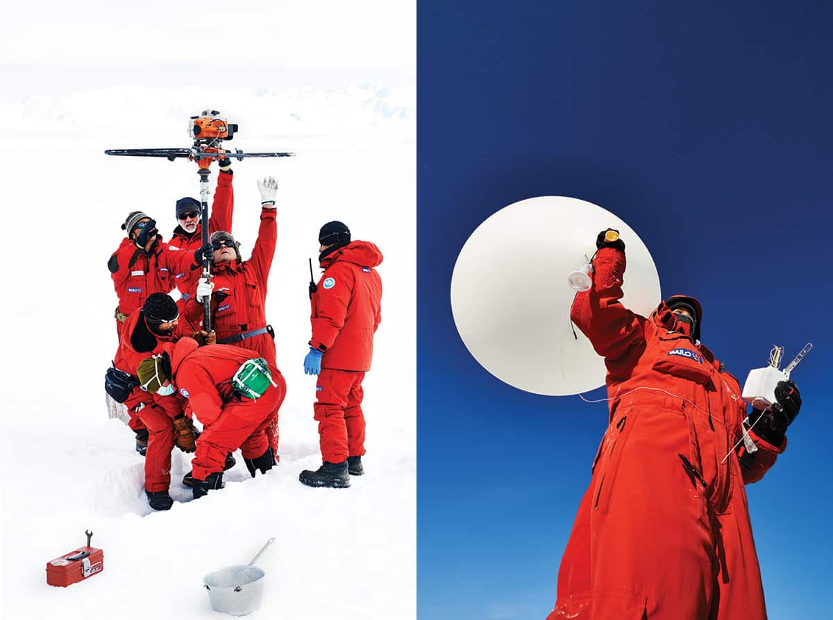Two photos: a group of people in red snow suits hold a drone overhead as another figure digs the snow; a lone figure in red holds a weather balloon aloft