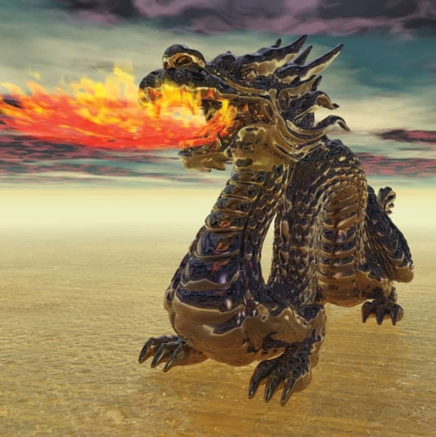 Artwork of a fire-breathing dragon striding across the surface of an alien planet