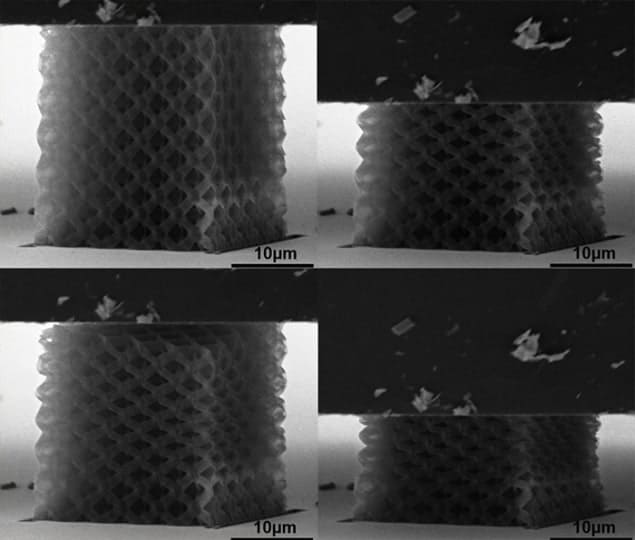 Series of microscope images showing the compression and recovery of a ceramic material made from tiny trusses
