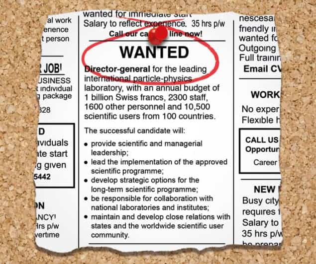 Artist's impression of a "Wanted" advert listing the requirements for the CERN director-general job