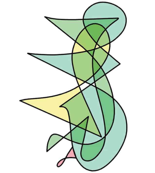 A doodle with spaces coloured in yellow, pink and different shades of green