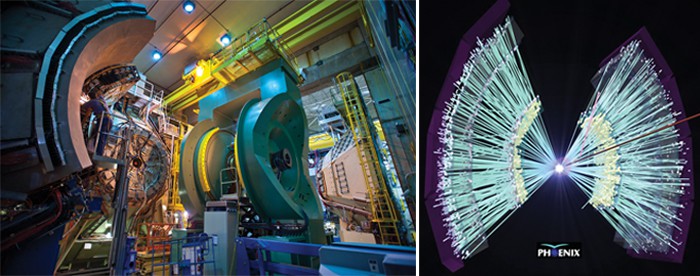 Left: A photo of the PHENIX detector.  Right: An image of particle traces taken from the PHENIX detector