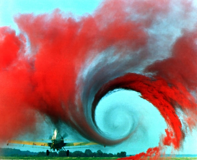 The air flow from the wing of a plane, made visible by using coloured smoke