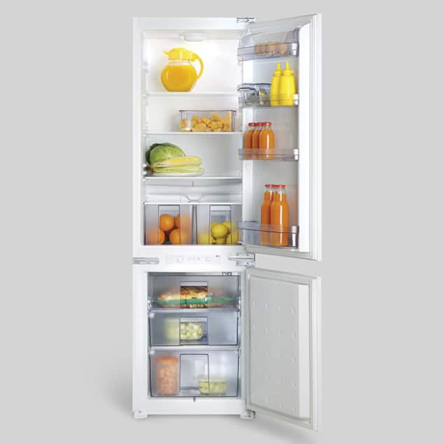 Photo of an open refrigerator showing fruits, vegetables and other items being kept cold