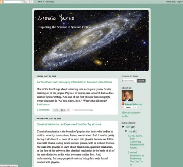 Home page of the Cosmic Yarns blog, which contains an image of a spiral galaxy viewed side-on and carries the message "Exploring the science in Science Fiction"