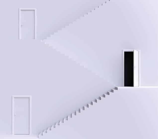 Conceptual illustration showing flights of stairs leading to various doors, one of which is open Conceptual illustration showing flights of stairs leading to various doors, one of which is open