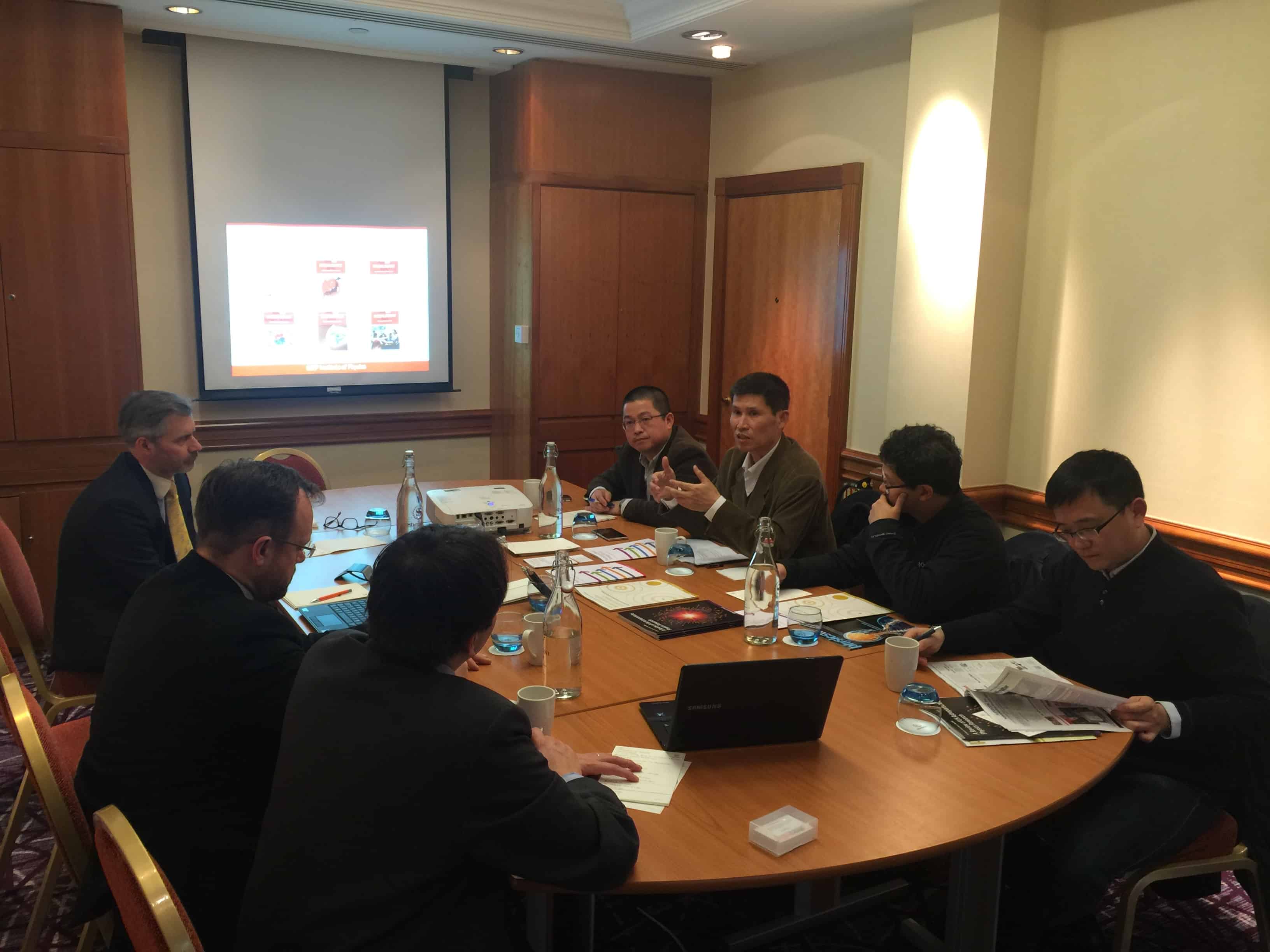 Photo of Wenlong Zhan, president of Chinese Physical Society, at meeting with Paul Hardaker and Matin Durrani, 23 February 2016