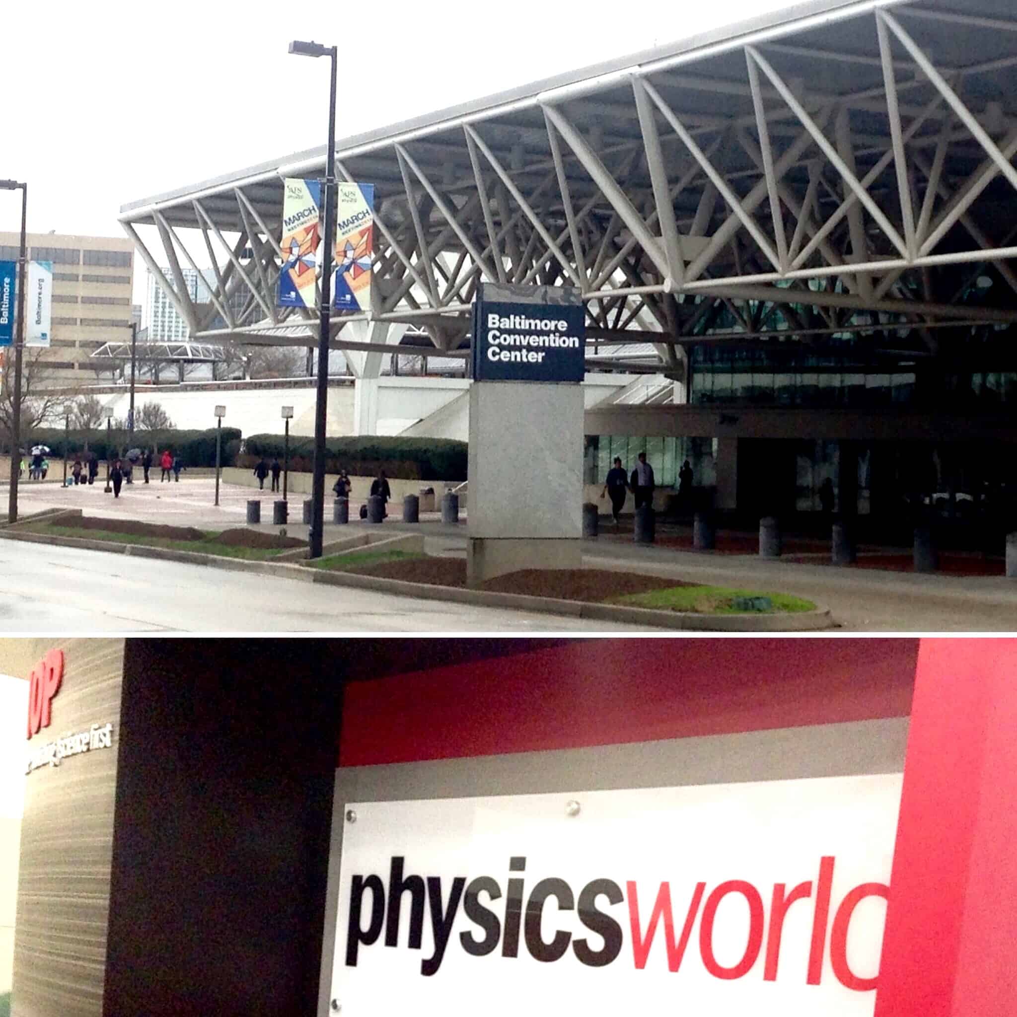The APS March meeting at the Baltimoe Convention Center (top) and the IOP Publishing stand at the exhibition.