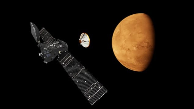 Artistic impression of the Schiaparelli lander separating from the Trace Gas Orbiter Artistic impression of the Schiaparelli lander separating from the Trace Gas Orbiter