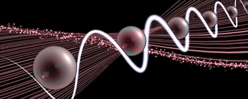 Artistic impression of atoms (four maroon spheres) held in a laser lattice (white sinusoidal line, with the atoms positioned in the wave troughs)