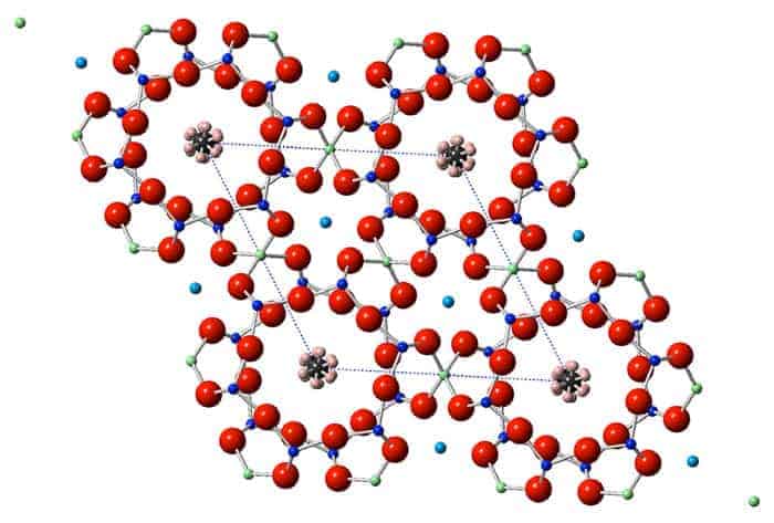 Crystalline structure of the mineral beryl showing the channels that can trap water molecules