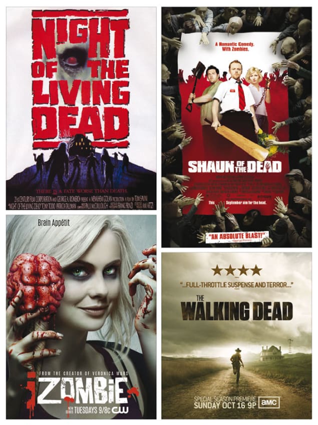 Collage of four zombie-themed film and TV posters. Clockwise from top left: Night of the Living Dead; Shaun of the Dead; The Walking Dead; iZombie