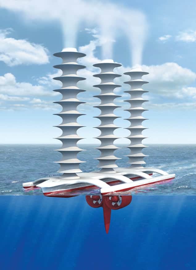 Artistic illustration of a cloudship. The ship has three tall columns spewing vapour into the air as it floats on the surface of a calm blue sea